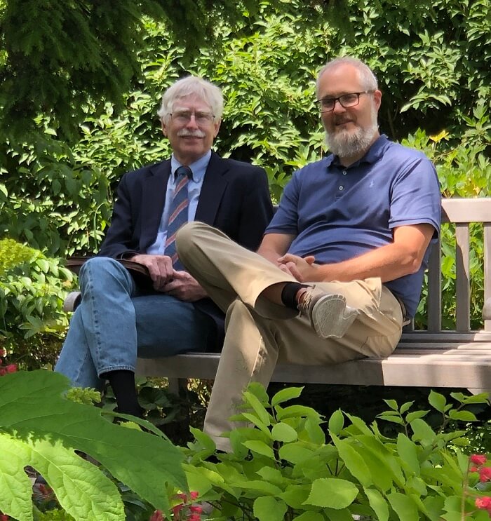 Michael Phillips and Joseph Dindinger in the Wade Center’s Aslan Garden